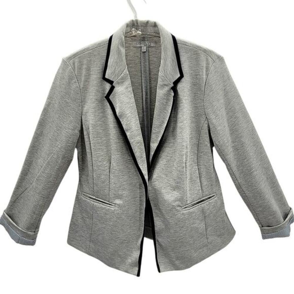 Company‎ Ellen Tracy Gray Contrasting Navy Trim Resort Wear 1 Button Knit Blazer